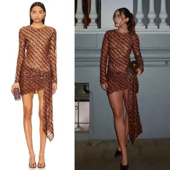 Camila Coelho | Cataleya Sequin Mini Dress in Caramel Brown size S NWT - Picture 2 of 14